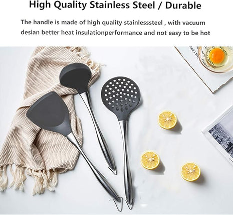 Silicone Stainless Steel Kitchen Utensils Set, 3-Pieces Flexible Silicone Head Cooking Utensil with Wok Spatula, Ladle, Slotted Spoon (Grey)