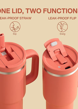 ENCOOL 40 oz Tumbler with Handle and Straw: Stainless Steel Insulated Tumbler Keeps Cold for 24 Hours, Leakproof Travel Cup Fits in Cup Holder and BPA-Free,Tawny Orange