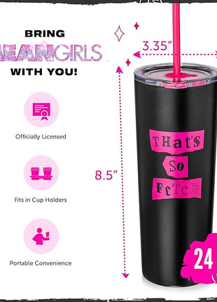 Dragon Glassware x Mean Girls Vacuum Insulated Tumbler with Lid and Straw - 24 oz Tumbler Cup with 2 Straws - Stainless Steel Tumbler with Straw for Water, Iced Tea - That's So Fetch