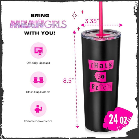 Dragon Glassware x Mean Girls Vacuum Insulated Tumbler with Lid and Straw - 24 oz Tumbler Cup with 2 Straws - Stainless Steel Tumbler with Straw for Water, Iced Tea - That's So Fetch