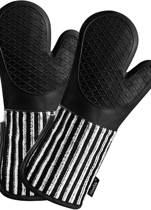 Silicone Oven Mitts Heat Resistant 932℉ with Waterproof & Non-Slip Kitchen Mittens, Set of 2 Extra Long Oven Gloves with Soft Cotton Terry Lining for Baking Cooking Barbecue (2, Black Mitts)