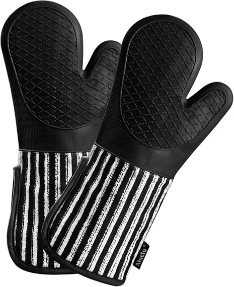 Silicone Oven Mitts Heat Resistant 932℉ with Waterproof & Non-Slip Kitchen Mittens, Set of 2 Extra Long Oven Gloves with Soft Cotton Terry Lining for Baking Cooking Barbecue (2, Black Mitts)