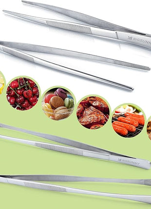MSY BIGSUNNY Stainless Steel Food Tweezers Multi-function Cooking Tongs Kitchen Serving Tong (12" Round & 12" Pointed Tweezers)