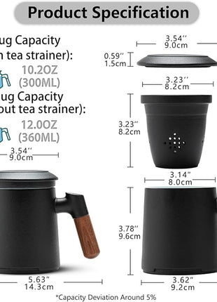 ZENS Tea Cup with Infuser and Lid for Loose Leaf Tea Steeper, 12oz Black Ceramic Tea Mug with Wood Handle for Tea Lovers Gifts