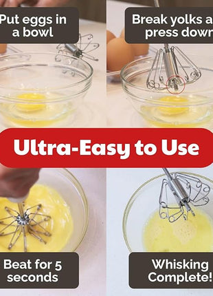 Stainless Steel Egg Whisk - Easy to Use Semi-Automatic Push-Down Zip Whisker - Rotary Hand Mixer for Beating Eggs, Frothing Milk, Blending, Mixing, Whipping Smoothies & Shakes - 2 Pack (12 &14 Inch)