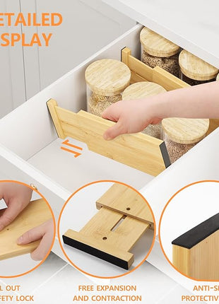 BAMEOS 4" High Bamboo Drawer Dividers - Adjustable Small Drawer Organizer - Kitchen, Dresser, Bathroom, Bedroom & Office - 4-pack