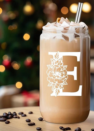 Coolife Initial Glass Cup, Monogrammed Gifts for Women, 16 oz Glass Cups w/Lids Straws, Iced Coffee Smoothie Beer Tumbler w/Straw Lid - Personalized Christmas, Birthday Gifts for Her Mom Friend Woman