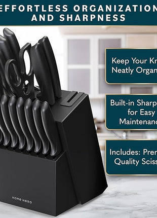 Home Hero Kitchen Knife Set - Wooden Knife Block Organizer - High Carbon Stainless Steel Blades - Ergonomic Handles with Built-In Sharpener & Kitchen Scissors - 16-Pc, Black