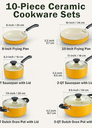 Cook N Home Pots and Pans Set Nonstick, 10-Piece Ceramic Kitchen Cookware Sets, Nonstick Cooking Set with Saucepans, Frying Pans, Dutch Oven Pot with Lids, Yellow