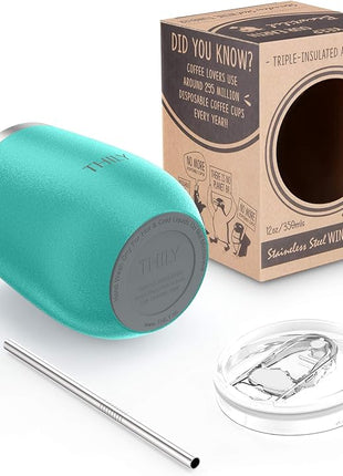 THILY Stainless Steel Stemless Wine Glass T1 Triple Vacuum Insulated Travel Wine Tumbler Cup with Lid and Reusable Straw, 12 oz, Keep Drinks Cold or Hot, Teal