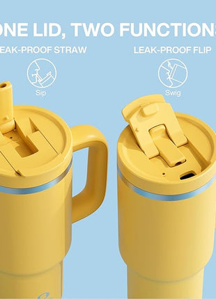 32 oz Tumbler with Handle and Straw: Stainless Steel Insulated Tumbler Keeps Cold for 24 Hours, Leakproof Travel Cup Fits in Cup Holder and BPA-Free, Elfin Yellow