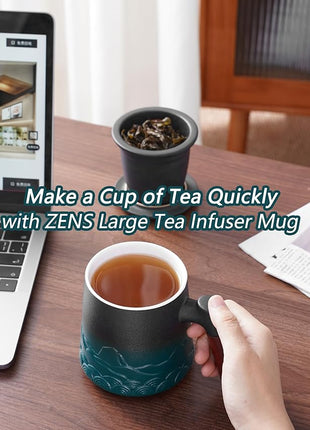 ZENS Tea Cup with Infuser and Lid for Loose Leaf Steeping, 16.9oz Embossed Ceramic Tea Infuser Mug, Wood Handle Tea Diffuser, Great Gift