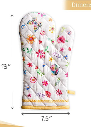 Maison d' Hermine Oven Gloves 100% Cotton Oven Mitt 7" x 13" with Loop Heat Resistant, BBQ, Cooking Gloves, Grilling, Kitchen, Handling Hot Pans Spring/Summer (Pack of 1, Happy Florals - Sweety)
