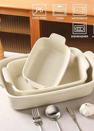 Sweejar Baking Pans Set, Ceramic 9x13 Baking Dish with Handle, Rectangular Casserole Dishes for Oven, Bakeware Sets of 3, Durable Lasagna Pan Deep for Kitchen, Banquet, Wedding Gift(Beige)