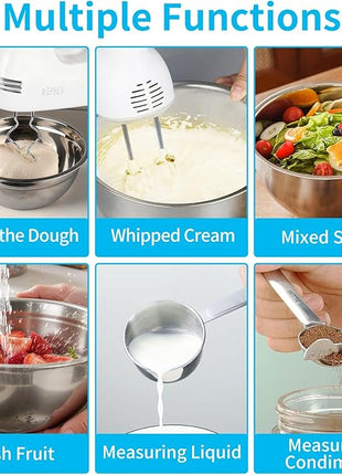 Hand Mixer Electric Mixing Bowls Set, 5 Speeds Handheld Mixer with 4 Nesting Stainless Steel Mixing Bowl, Measuring Cups Spoons 200W Kitchen Blender Whisk Beater Baking Supplies For Beginner