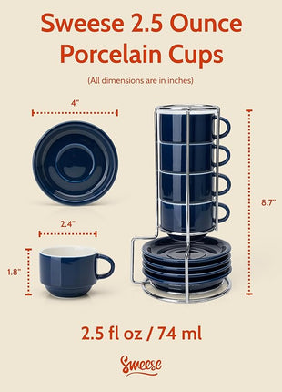 Sweese 2.5 Ounce Porcelain Stackable Espresso Cups with Saucers and Metal Stand Set of 4, Navy