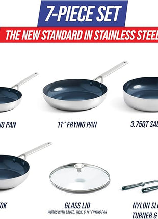 Blue Diamond Cookware Tri-Ply Stainless Steel Ceramic Nonstick, 7 Piece Cookware Pots and Pans Set, PFAS-Free, Multi Clad, Induction, Dishwasher Safe, Oven Safe, Silver