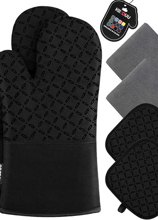 KEGOUU Oven Mitts and Pot Holders 6pcs Set, Kitchen Oven Glove High Heat Resistant 500 Degree Extra Long Oven Mitts and Potholder with Non-Slip Silicone Surface for Cooking (Black)