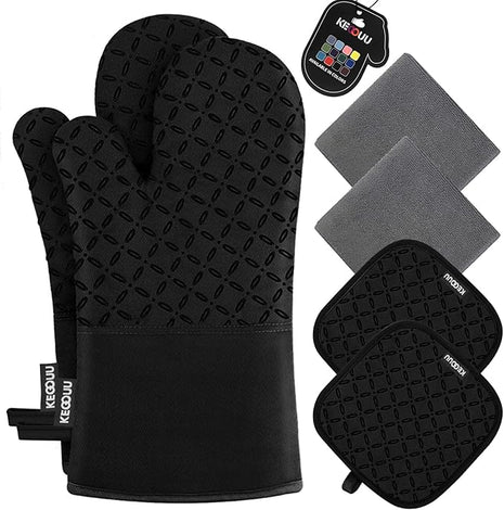 KEGOUU Oven Mitts and Pot Holders 6pcs Set, Kitchen Oven Glove High Heat Resistant 500 Degree Extra Long Oven Mitts and Potholder with Non-Slip Silicone Surface for Cooking (Black)