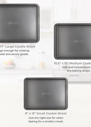 PERLLI Non-Stick 3-Piece Baking Pan Set, BPA-Free Gray Carbon Steel Bakeware Set, Stackable Kitchen Oven Set, Cookie Sheet, Baking Tray, Baking Sheet Set, Oven Safe (446°F)