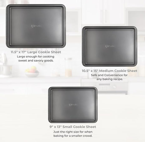 PERLLI Non-Stick 3-Piece Baking Pan Set, BPA-Free Gray Carbon Steel Bakeware Set, Stackable Kitchen Oven Set, Cookie Sheet, Baking Tray, Baking Sheet Set, Oven Safe (446°F)