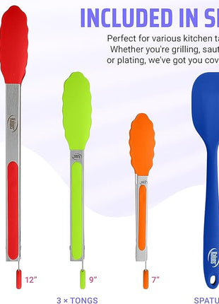 Kaluns Kitchen Tongs for Cooking Grilling Set of 4, BBQ Grill Tongs With Silicone Tip Stainless Steel Heat Resistant, Non-stick Pull Lock, Incl 7, 9, 12 Inch Tong Plus a Silicone Spatula