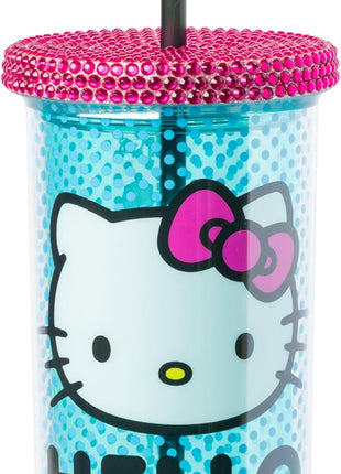 Silver Buffalo Sanrio Hello Kitty Blue Polka Dot Plastic Cold Cup with Rhinestones Lid and Straw, 20 Ounces