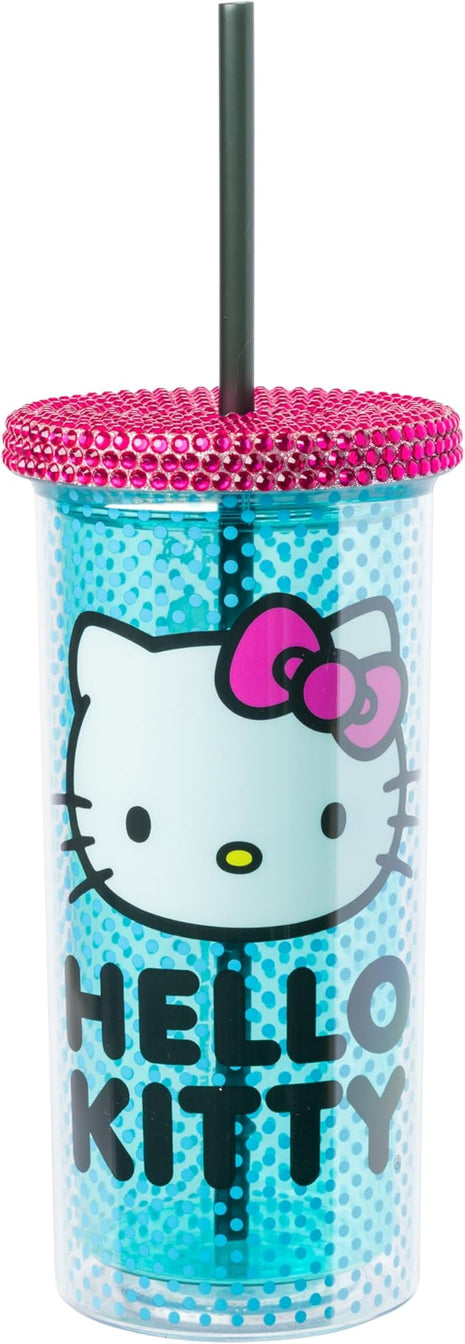 Silver Buffalo Sanrio Hello Kitty Blue Polka Dot Plastic Cold Cup with Rhinestones Lid and Straw, 20 Ounces