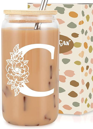 Coolife Initial Glass Cup, Monogrammed Gifts for Women, 16 oz Glass Cups w/Lids Straws, Iced Coffee Smoothie Beer Tumbler w/Straw Lid - Personalized Christmas, Birthday Gifts for Her Mom Friend Woman