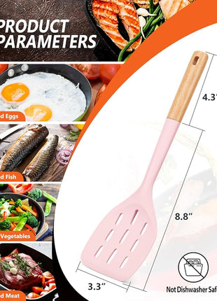 Pack of 2 Silicone Spatula, Non Stick Cooking Utensil Set Wooden Handle Kitchen Turner for Baking Mixing Grilling Serving Food Heat Resistant Non Scratch Hooks Included (Pink)
