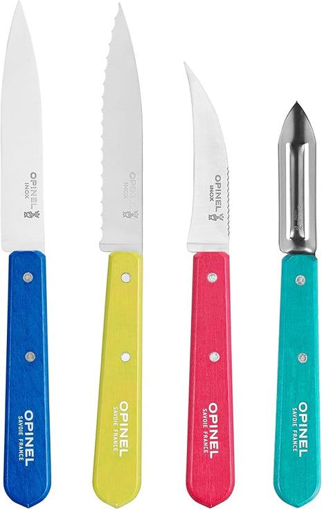 OPINEL Les Essentials Small Kitchen 4 Piece Knife Set - Paring Knife, Serrated Knife, Peeler, Vegetable Knife, Corrosion Resistant High Carbon Steel, Made in France (POP 80)