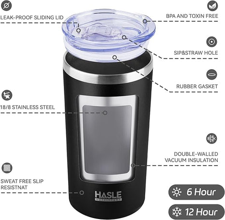 HASLE OUTFITTERS 12 oz Skinny Tumbler, Stainless Steel Insulated Slim Tumbler set bulk with Lid, Reusable Double Wall Travel Coffee Mug, Durable Powder Coated Travel Water Cup(Black,6)