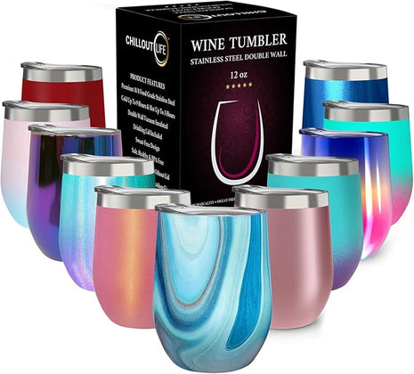 CHILLOUT LIFE 12 oz Stainless Steel Wine Tumbler with Lid - Double Wall Vacuum Insulated Wine Cup Glass Keeping Cold & Hot for Coffee, Champagne, Cocktails, Ice Cream