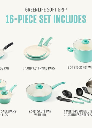 GreenLife Soft Grip 16 Piece Cookware Set, Non-Toxic PFAS-Free Ceramic Nonstick, Pots, Frying, Sauce, Saute, Glass Lids, Stay-Cool Handles, Wobble Free Bases, Dishwasher & Oven Safe, Turquoise