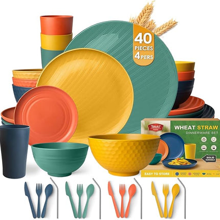 Teivio 40-Piece Kitchen Plastic Wheat Straw Dinnerware Sets for 4, Dinner Plates, Dessert Plate, Cups, Flatware, Dishwasher Safe, Colorful Unbreakable Apartment Outdoor RV Dishes, Autumn Multicolor