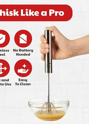 Stainless Steel Egg Whisk - Easy to Use Semi-Automatic Push-Down Zip Whisker - Rotary Hand Mixer for Beating Eggs, Frothing Milk, Blending, Mixing, Whipping Smoothies & Shakes - 2 Pack (12 &14 Inch)