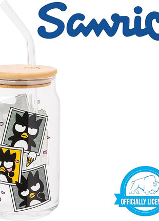 Silver Buffalo Sanrio Hello Kitty and Friends Badtz-Maru Polaroids Glass Jar Tumbler with Bamboo Lid and Glass Straw, 16 Ounces