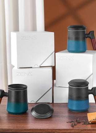 ZENS Gradient Blue Tea Cup with Infuser and Lid, 14.5oz Wood Handle Tea Mug, Loose Leaf Tea Steeper & Strainer, Tea Lovers Gifts
