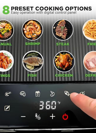 Nutrichef 5.8 Quart Air Fryer | 8-1 Preset Cook Modes | Transparent Fry Bowl for Best Cooking Results | Cook Shrimp, Steak, Fries, Wings, Chicken & More | Precise Temperature Control & Time | Grey