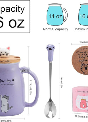 Cute Cat Cup Ceramic Coffee Mug with Kawaii Cat Wooden Lid, Lovely Stainless Steel Spoon, Anime Kitty Thicken Wooden Coaster, Christmas Birthday Cute Thing Japanese Mug 16oz (Purple)