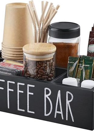 ALEION Coffee Station Organizer - Wood Countertop Accessories Organizer with Removable Dividers for Pods Condiment Syrup Tea Cups Stirrers - for Farmhouse Coffee Bar Decor