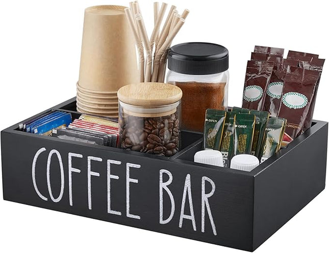 ALEION Coffee Station Organizer - Wood Countertop Accessories Organizer with Removable Dividers for Pods Condiment Syrup Tea Cups Stirrers - for Farmhouse Coffee Bar Decor