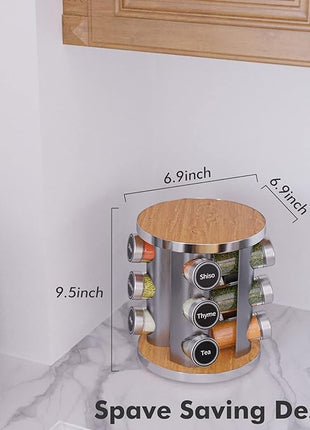 New England Stories Revolving Spice Rack Set with 12 Spice Jars, Kitchen Spice Tower Organizer for Countertop or Cabinet - Carousel Storage Includes 386 Spice Labels