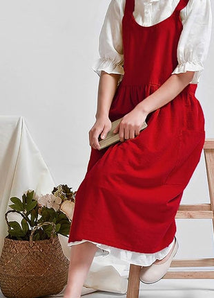 Uaussi Cotton Linen Apron Cross Back Work Apron for Women with Pockets Pinafore Dress X Cross Halter Apron for Chef Gardening