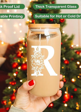 Coolife Initial Glass Cup, Monogrammed Gifts for Women, 16 oz Glass Cups w/Lids Straws, Iced Coffee Smoothie Beer Tumbler w/Straw Lid - Personalized Christmas, Birthday Gifts for Her Mom Friend Woman
