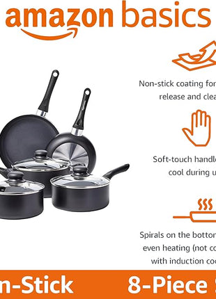 Amazon Basics Non Stick Kitchen Cookware 8-Piece Set, Non-Induction, Includes Pots and Pans, Black