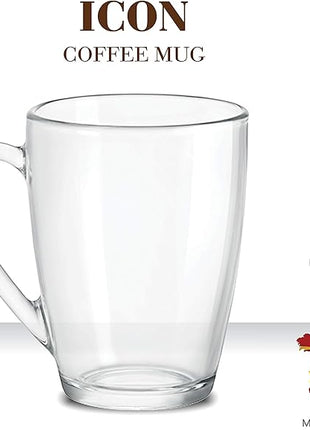 Bormioli Rocco Glass Coffee Mug Set, (6 Pack) 10¾ Ounce with Convenient Handle, Tea Glasses for Hot/Cold Beverages, Thermal Shock Resistant, Tempered Glass, for Cappuccino, Latte, Espresso, clear.