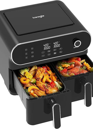 iceagle Dual Air Fryer 11 Quart - 6-in1 Airfryer with 2 Frying Baskets, Precise-control Knob | Sync & Dual Cook Functions to Ary Fry, Roast, Broil, Reheat and Dehydrate for Easy and Crispy Meals