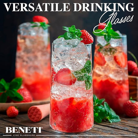 BENETI Modern Tall Drinking Glasses Set of 6 | Handmade In Europe | 18oz Premium Highball Crystal Glass Cups for Water and Juice