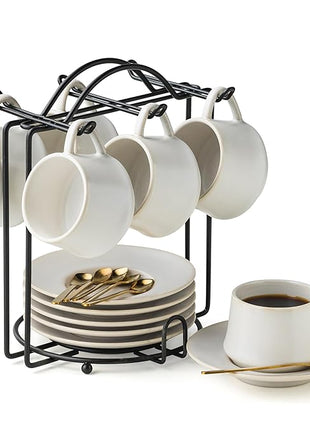 YHOSSEUN Espresso Cups with Saucers and Metal Stand, 4 Oz Ceramic Expresso Shots Cup Espresso Small Coffee Cups Set of 6, Beige